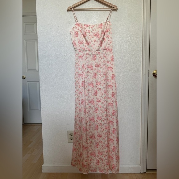 WAYF Verona Etched Floral Gown White Pink Watercolor Maxi Aline Split Slit Dress - Picture 4 of 10